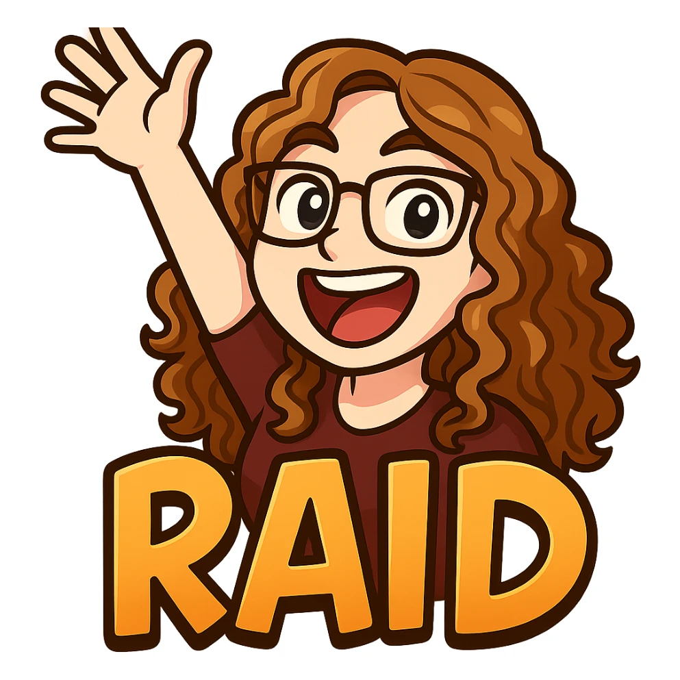 Create a Twitch raid emote of the person in the reference photo in an energetic pose. Use a bold and expressive style. Include the word 'RAID' in fun lettering. Transparent background. sticker