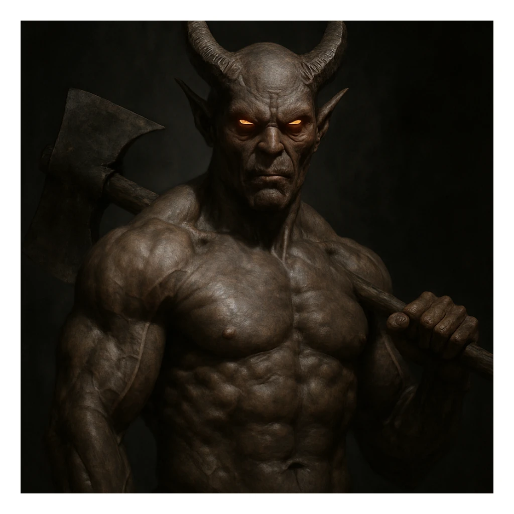 realistic demon with an axe, muscular build, dark background, glowing eyes sticker