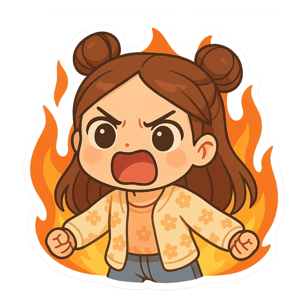 Create a chibi sticker of the same girl, screaming angrily, surrounded by flames. She has brown straight hair in double buns, brown eyes, wearing a pastel floral cardigan and jeans. The sticker should have a white outline and transparent background, 512x512px. sticker
