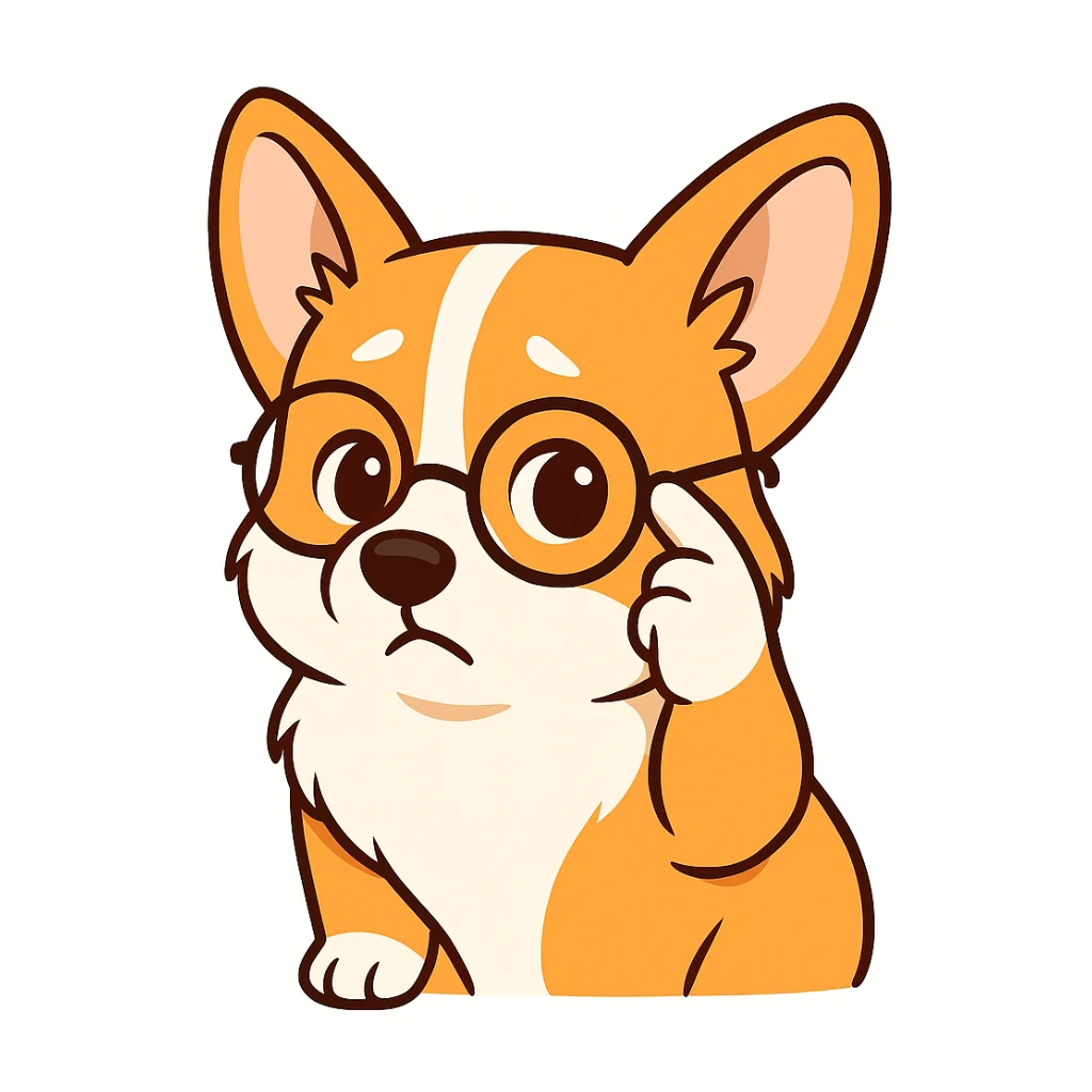 и вот такую есчо эмоцию давай изобразим, задумчивый поправляет очки, тоже как котик на примере только с нашшим корги sticker