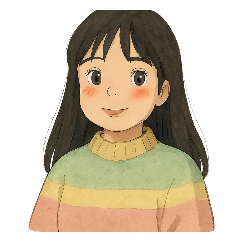 light skinned girl with round, slightly upturned brown eyes with long lashes, medium sized full blush colored lips, slightly chubby cheeks, long straight black hair, wearing a cozy pastel sweater sticker