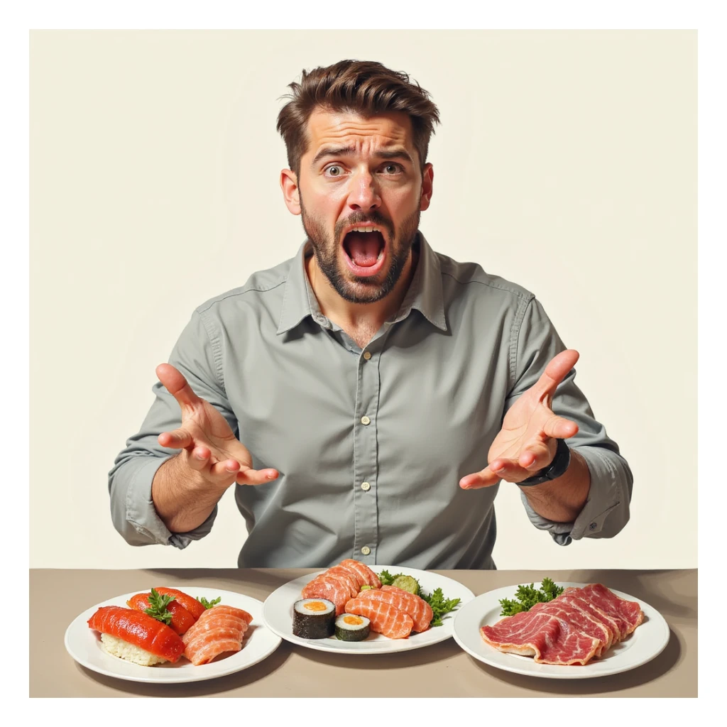 adult man refusing sushi, salami and cold cuts, disgusted expression, hands pushing away the plates, realistic style, light background sticker