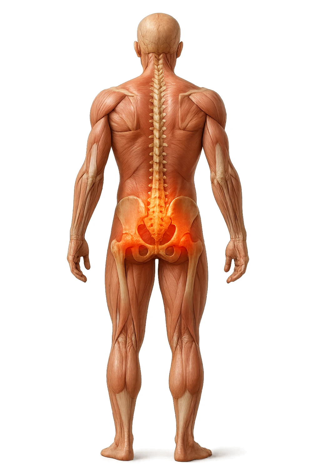 CORPO UMANO ANATOMICO A FIGURA INTERA REALISTICO DI SPALLE CON DOLORE ALLA LOMBARE INFIAMMATA, DOLORE ALL'ANCA, IPERREALISTICO 4K sticker