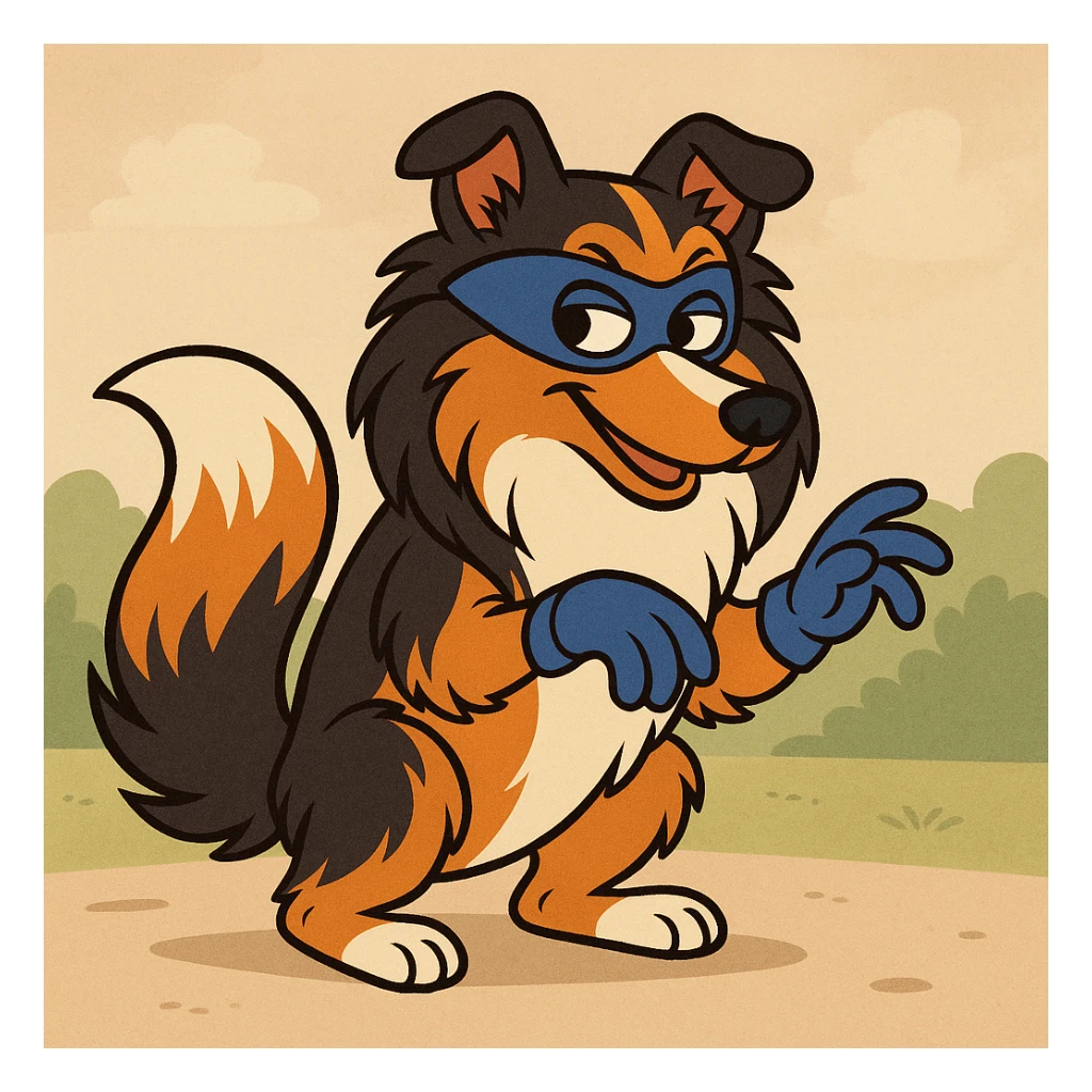 A tricolor Shetland Sheepdog cosplaying as Swiper from Dora the Explorer, with a blue mask, blue gloves, and orange fur, playful and sly, cartoon style sticker