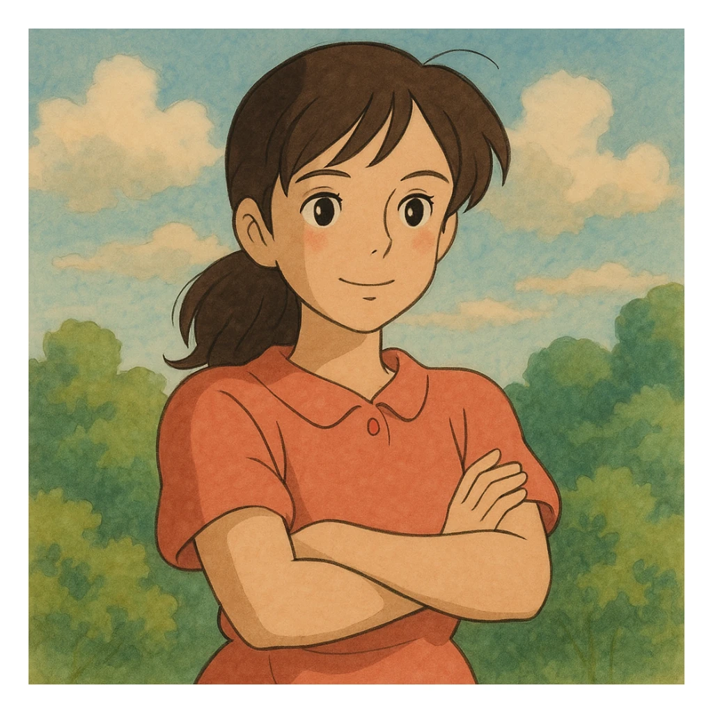 a woman crossing her arms, ghibli style sticker