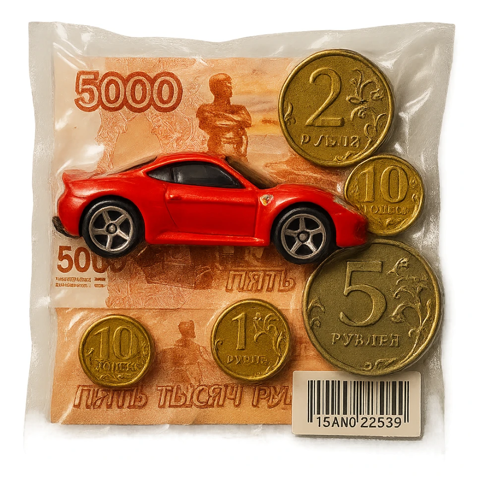 Combine a 5000 Russian ruble banknote, several Russian coins, and a red Ferrari Hot Wheels toy car together in one clear vacuum-sealed package. The car should be bright red and clearly resemble a Ferrari. All items should look glossy, puffy, and tightly packed together, no background. sticker