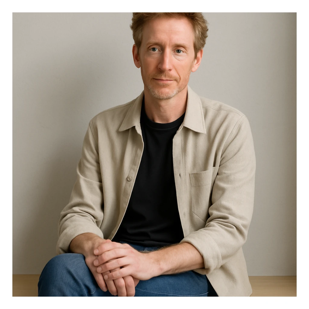 slender male with graying red hair, brown eyes, contemporary look, relaxed pose sticker