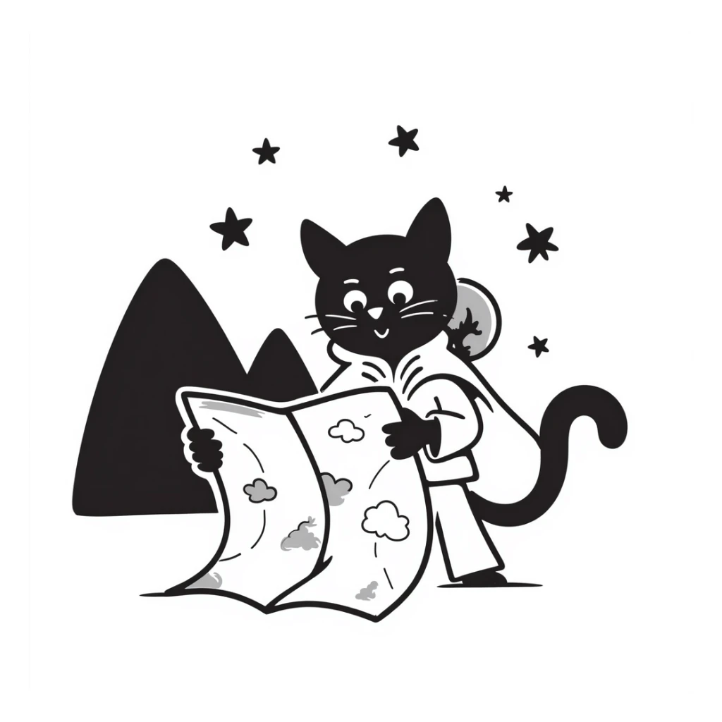 Adventurous cat explorer studying a map, mountains and stars in background, light clothing and cloak flowing in the wind, looking thoughtfully into the distance sticker