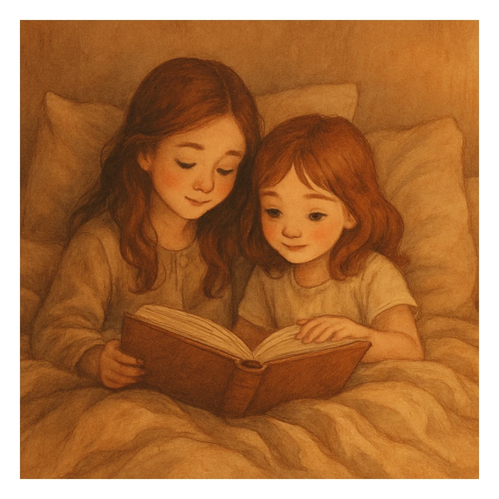 two girls in bed, reading a book together, soft blankets, peaceful mood sticker