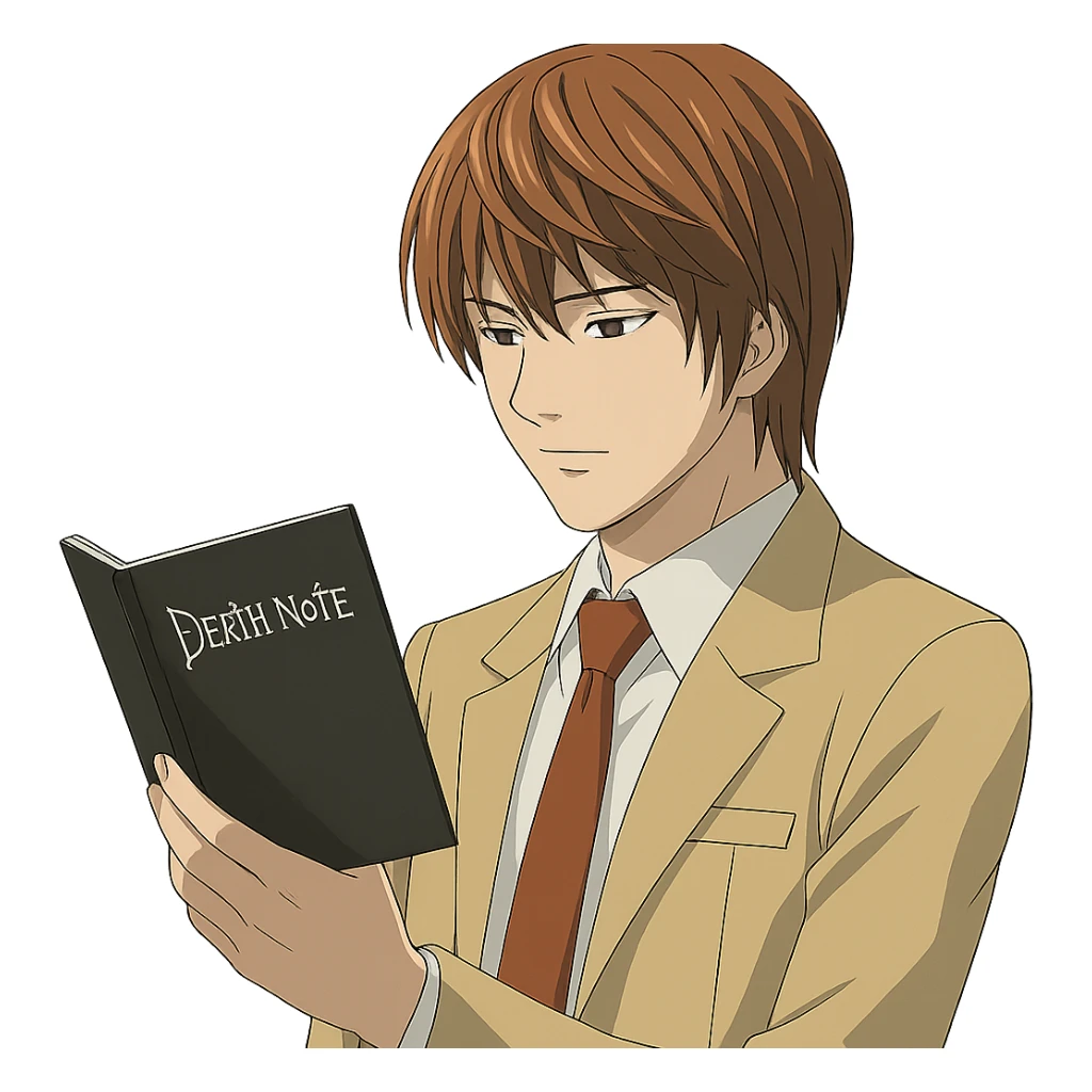 Light Yagami from Death Note, anime style, calm expression, looking at the Death Note, brown hair, school uniform sticker