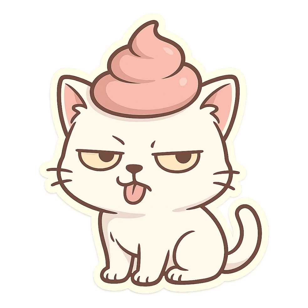 Cat meme, a white cat wearing a pink poop mask with a provocative expression sticker