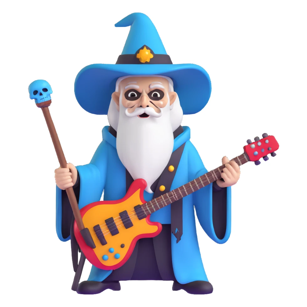 wizard with electric guitar staff, heavy metal, skull decorations sticker