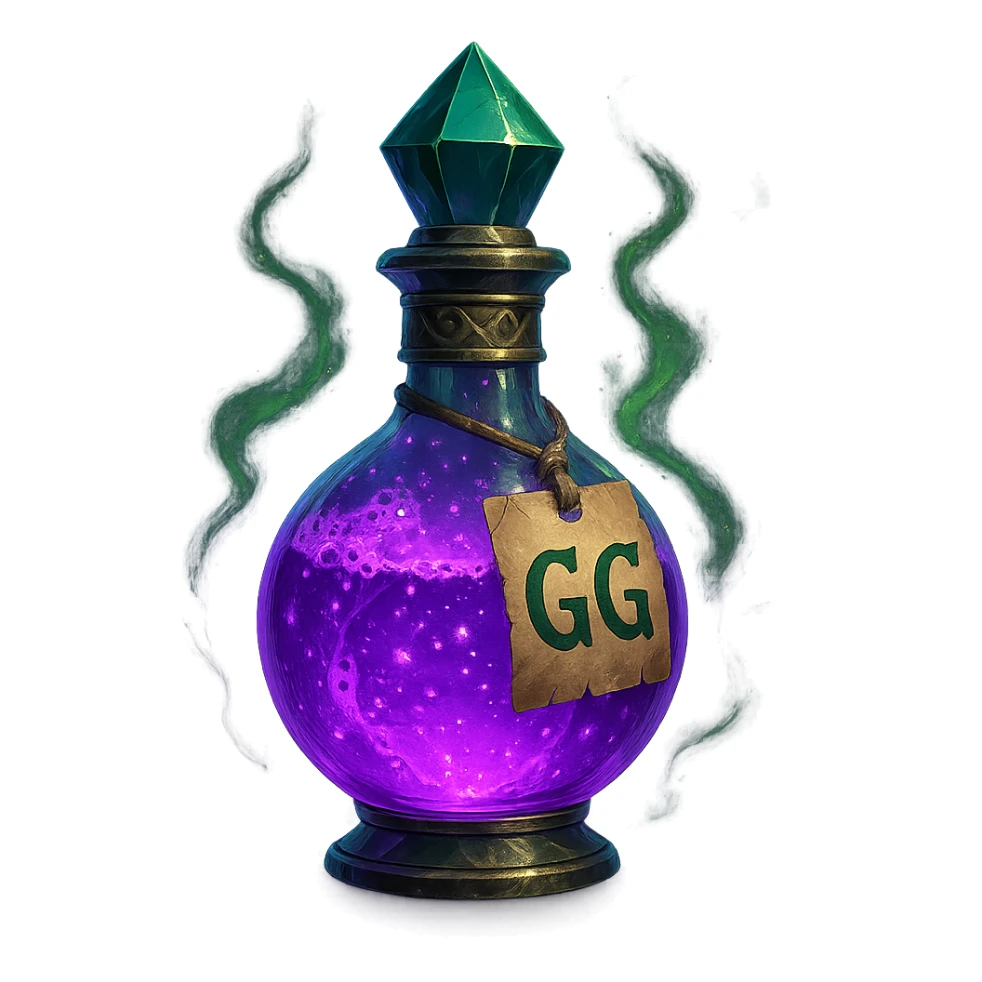 fantasy potion bottle labeled GG, vibrant purple and green, magical aura, glowing, detailed sticker