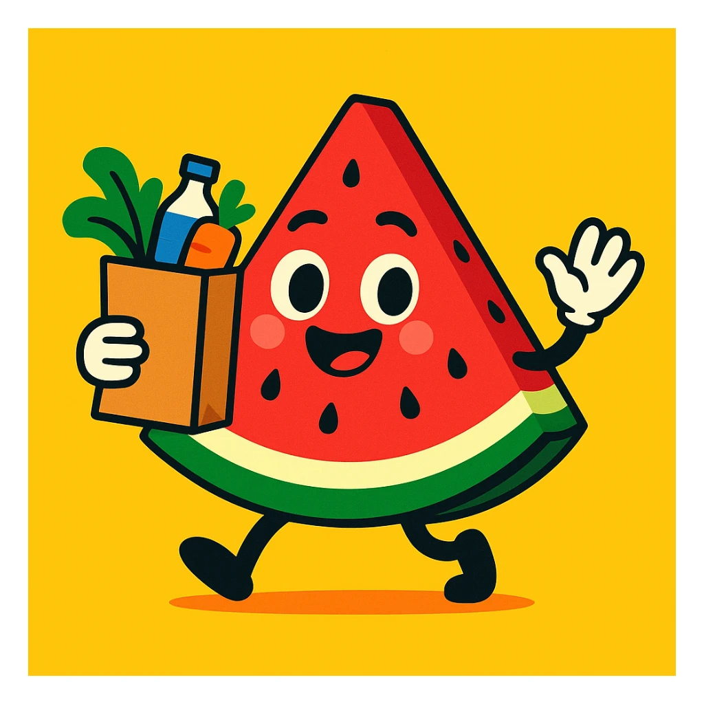 cute watermelon slice mascot with expressive face, holding a grocery bag, for an egrocery brand, vibrant and appealing sticker