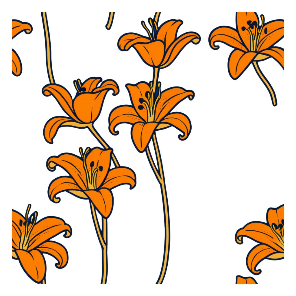 Artistic Japanese tiger lily (oniyuri) flower with stylized composition reminiscent of kimono patterns, orange recurved petals with black spots, gold accents, on indigo background sticker