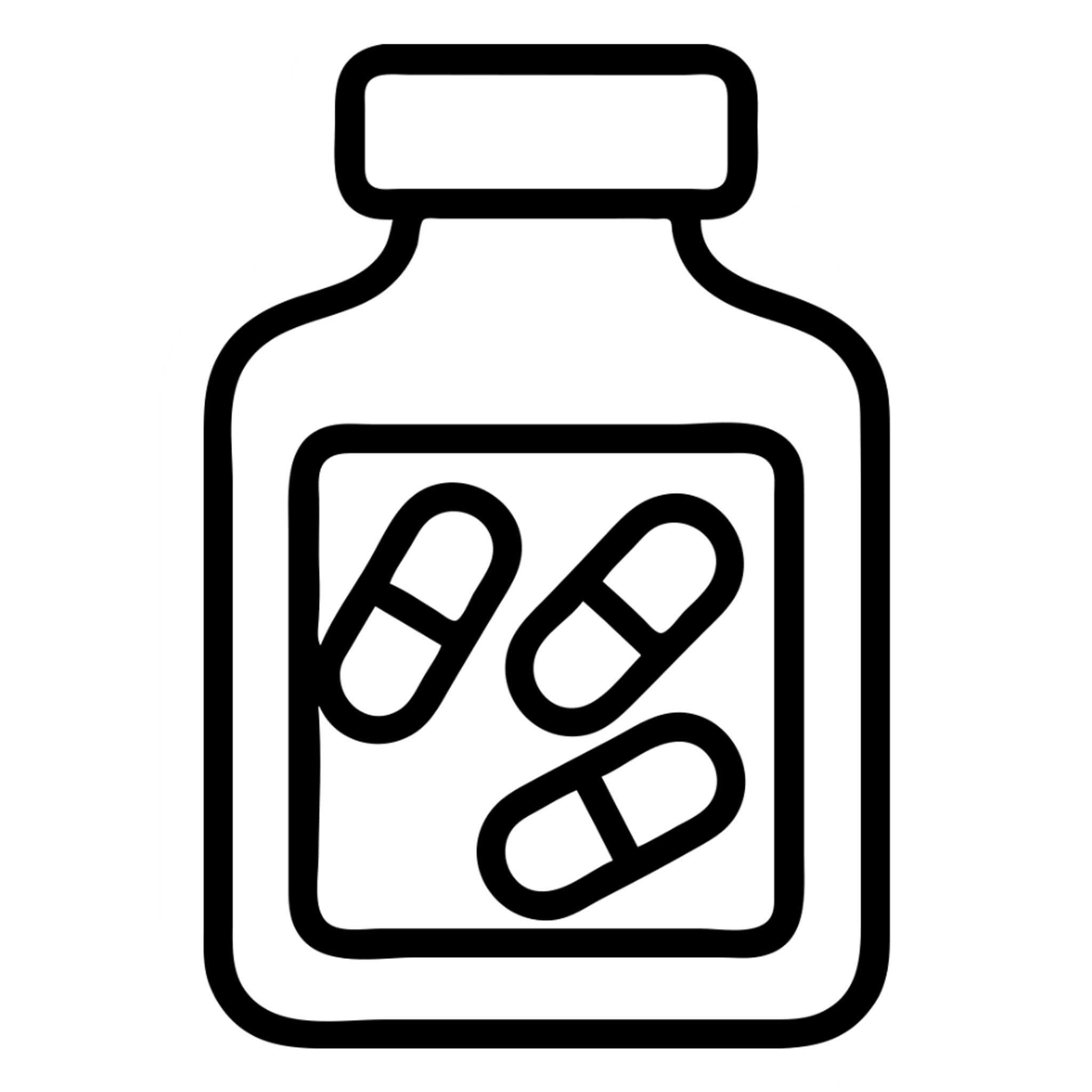 In the same minimal black and white outline style, add simple vitamin capsules inside the glass or bottle, keeping the design clean and modern, with no background. sticker