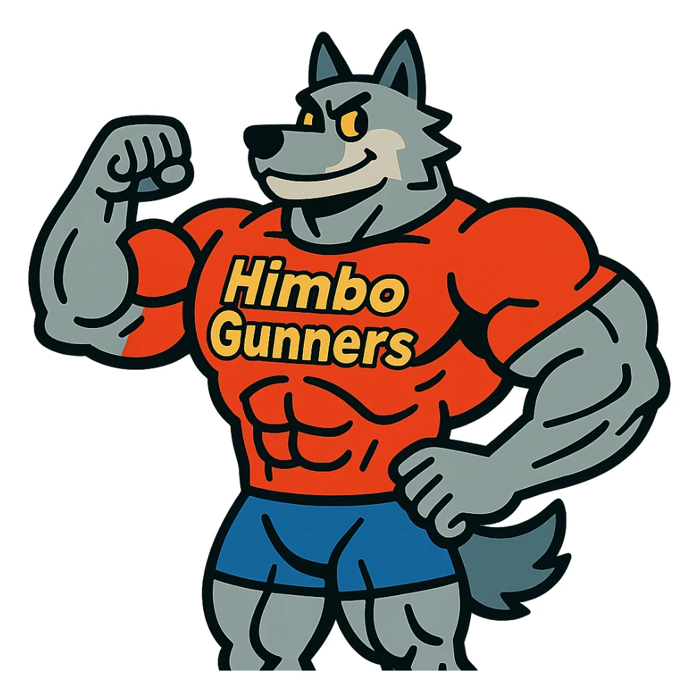 extremely buff wolf furry with oversized muscles, wearing a t-shirt with 'Himbo gunners', standing confidently sticker