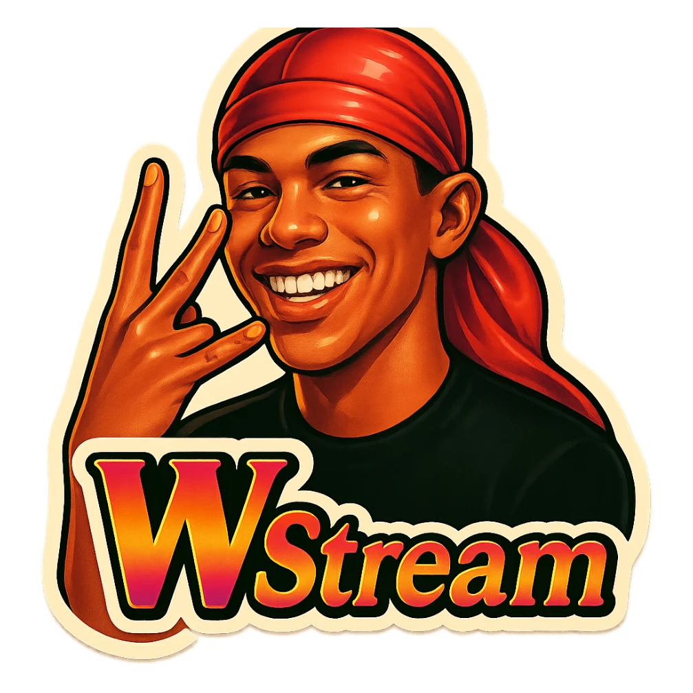 Make him Smiling 
Twist middle finger and ring finger crossed over to form a W
Change His durag To Red
Add the words W Stream sticker