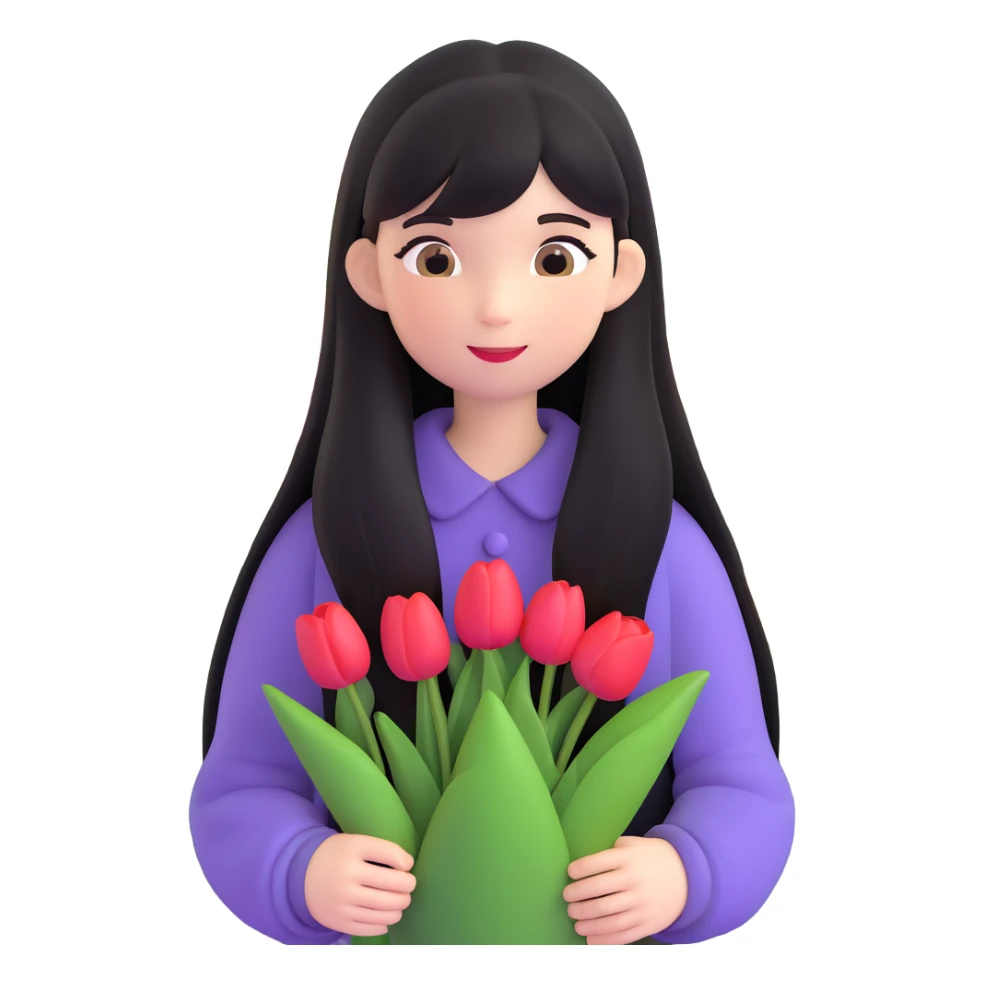 girl with long black hair and thin bangs, holding tulips in a garden sticker