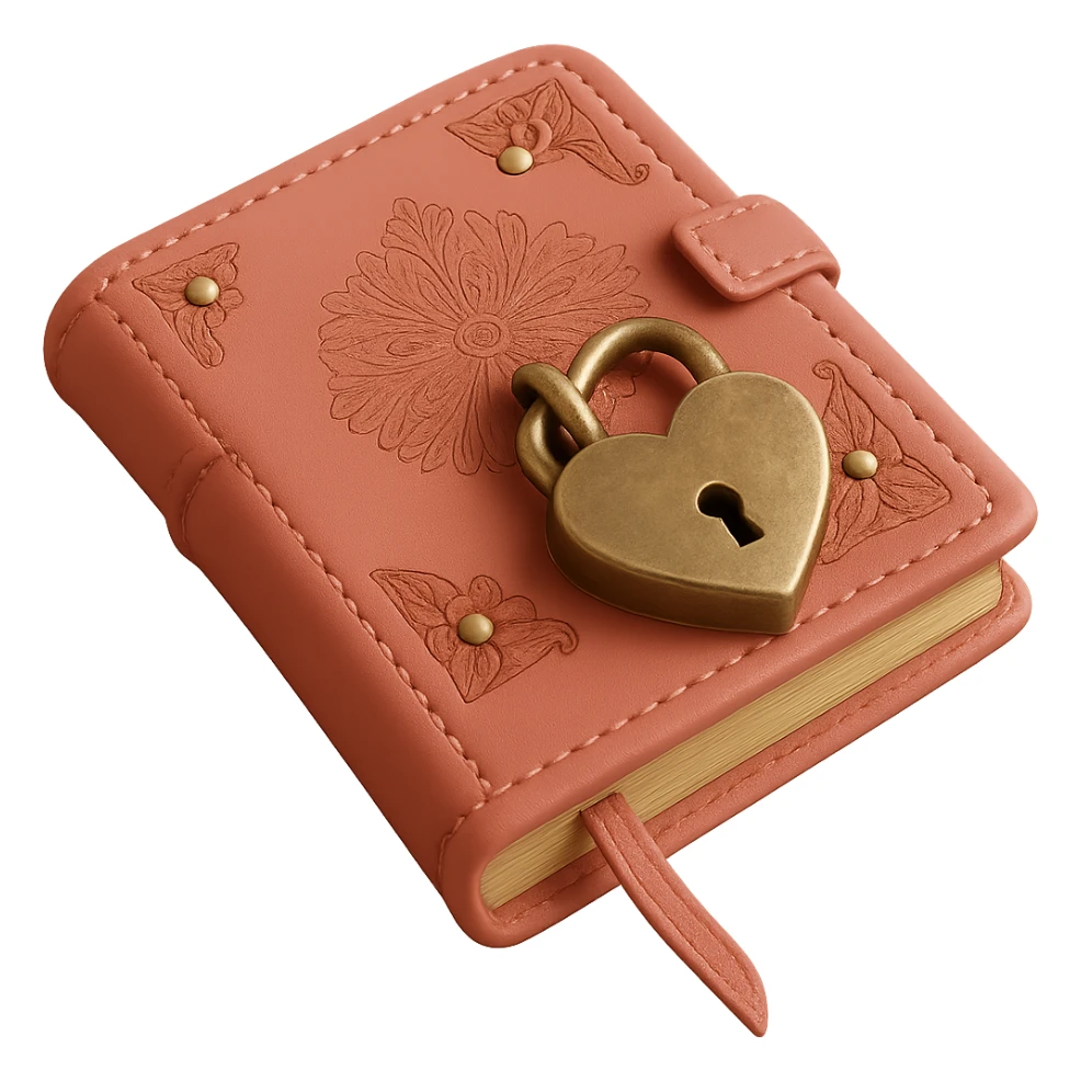 Add a heart-shaped lock to the pink leather-bound diary. Keep the background transparent. Make it realistic and detailed. sticker