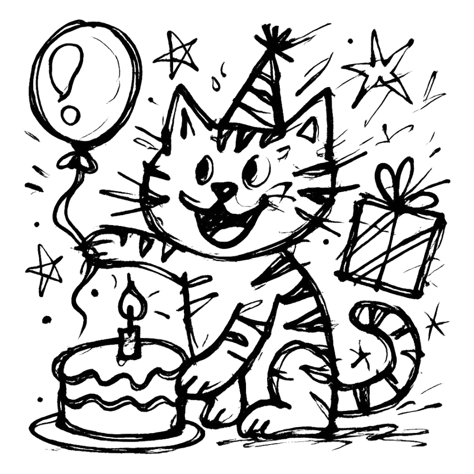 chaotic outlined icon of a playful kitten with stripes, birthday hat, holding a balloon, cake and presents scattered around sticker