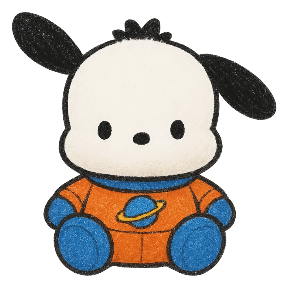 Make Pochacco white with black ears, wearing an orange and blue space suit, keep plushy Popmart doll style, cute and playful, no background. The style should reflect a plushy Popmart doll look, cute and playful. sticker