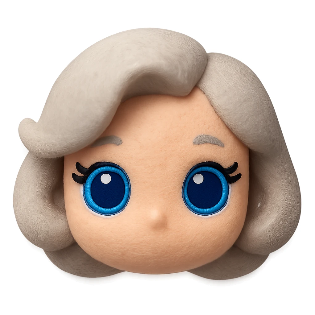 Remove any neck or body, make the blue eyes more vibrant and lively, keep soft fleece texture, pure silver grey hair styled in a 1940s bob, cute plush-style eyelashes, no mouth, no white border, transparent background. Maintain a cute plush style with soft fleece texture and vibrant blue eyes. sticker