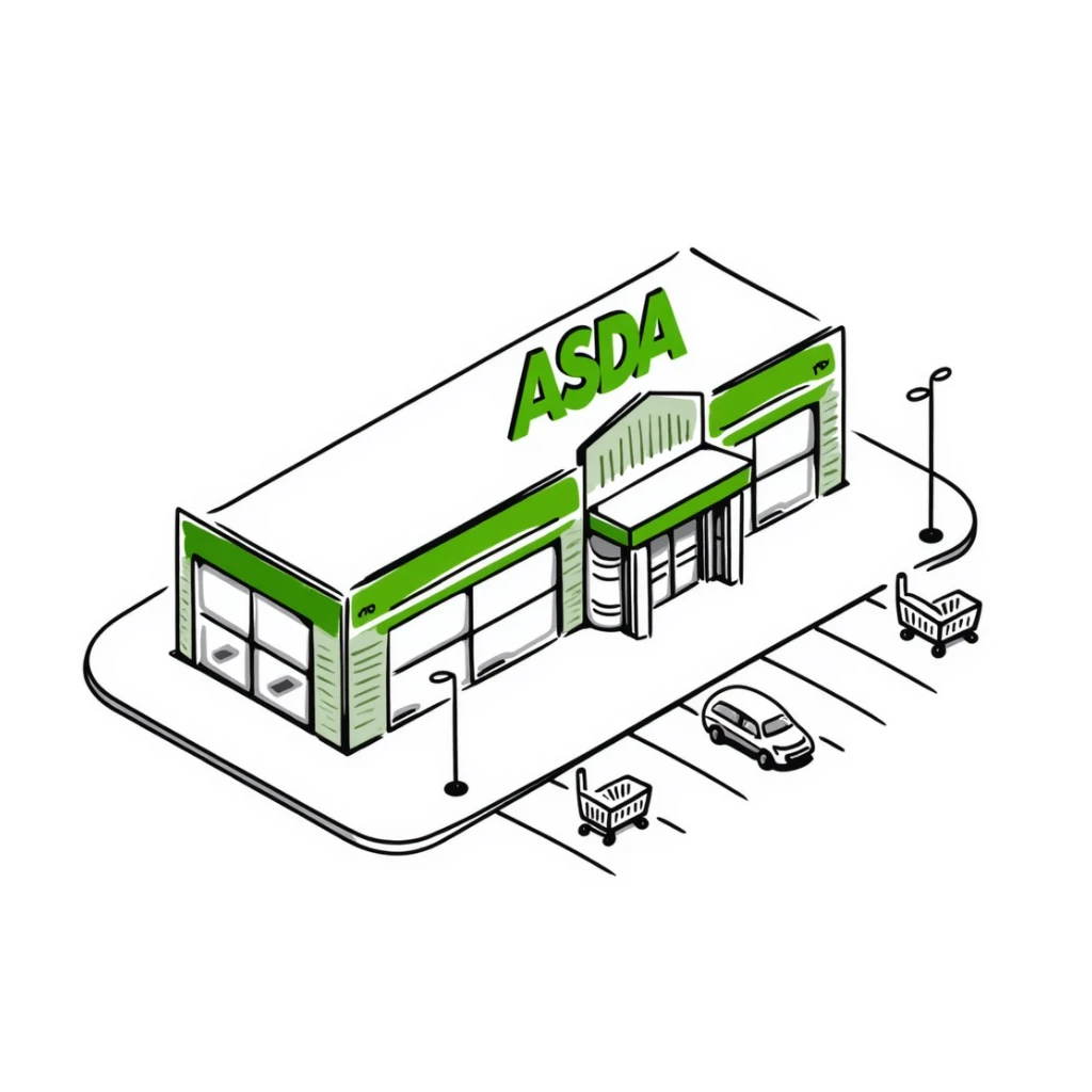 Isometric ASDA supermarket with distinctive green branding, shopping trolley collection points, customer entrance with automatic doors, and car park sticker