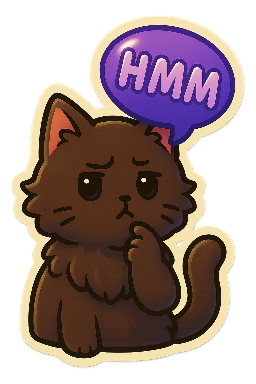 a dark-brown fluffy cute kawaii anime cat thinking frowning thoughtfully, saying “hmm” with a purple speech bubble sticker