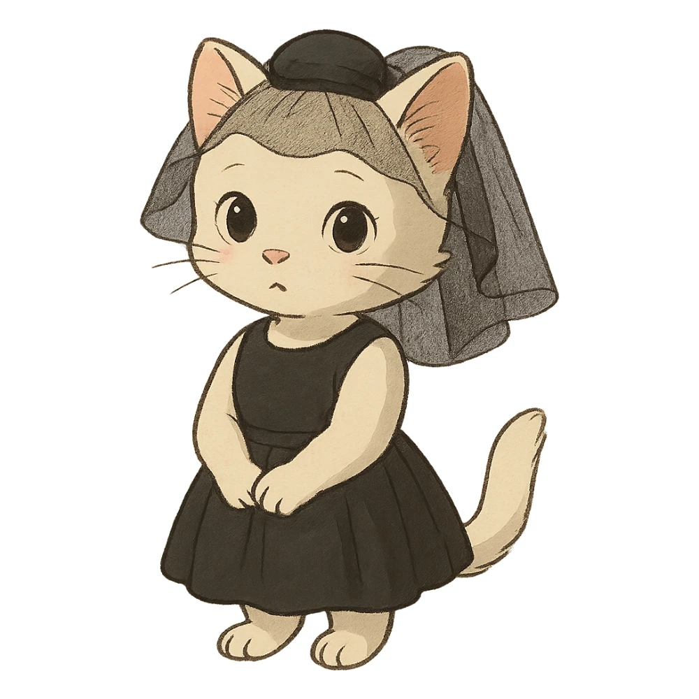 ghibli style white kitten wearing a black mini dress and black veil sticker