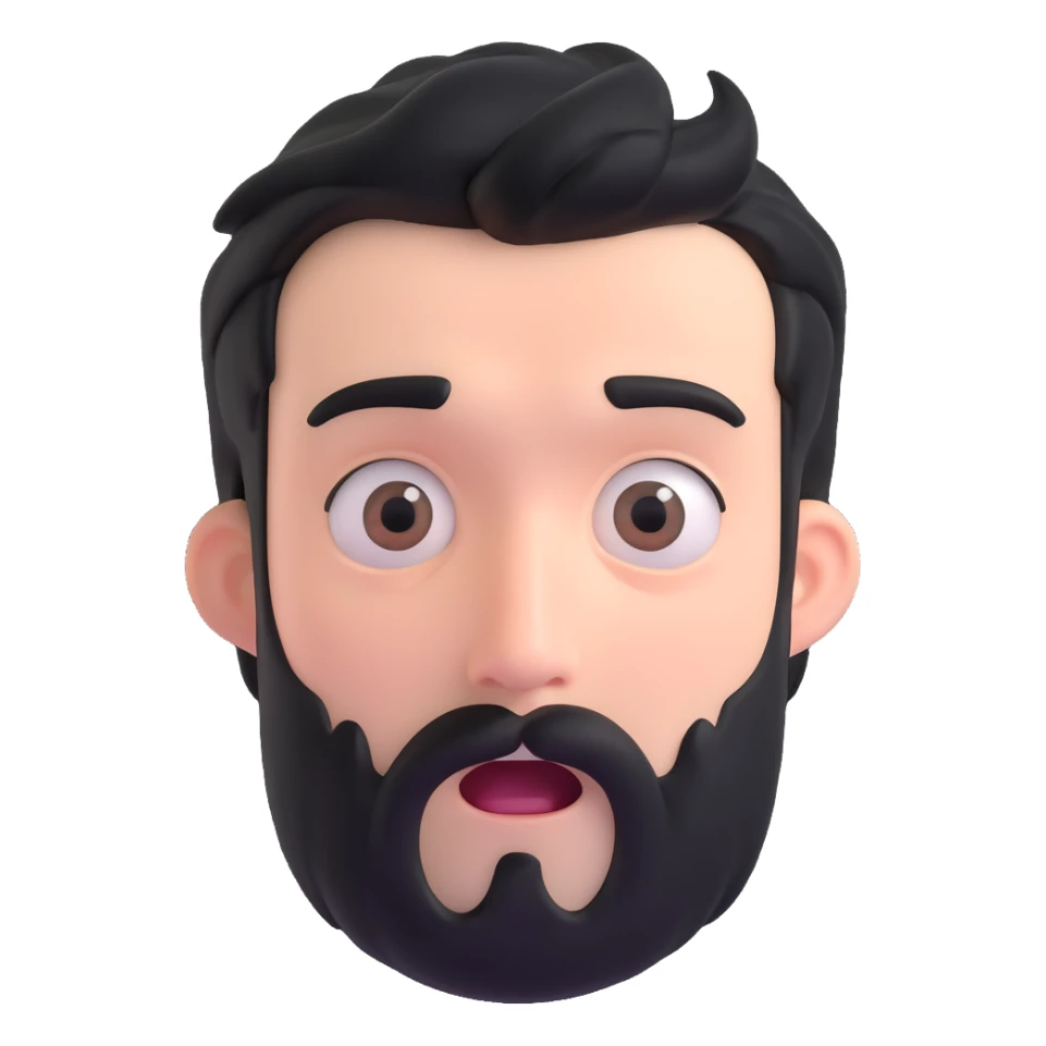 male face with black hair, stubbly beard, white skin, surprised expression sticker