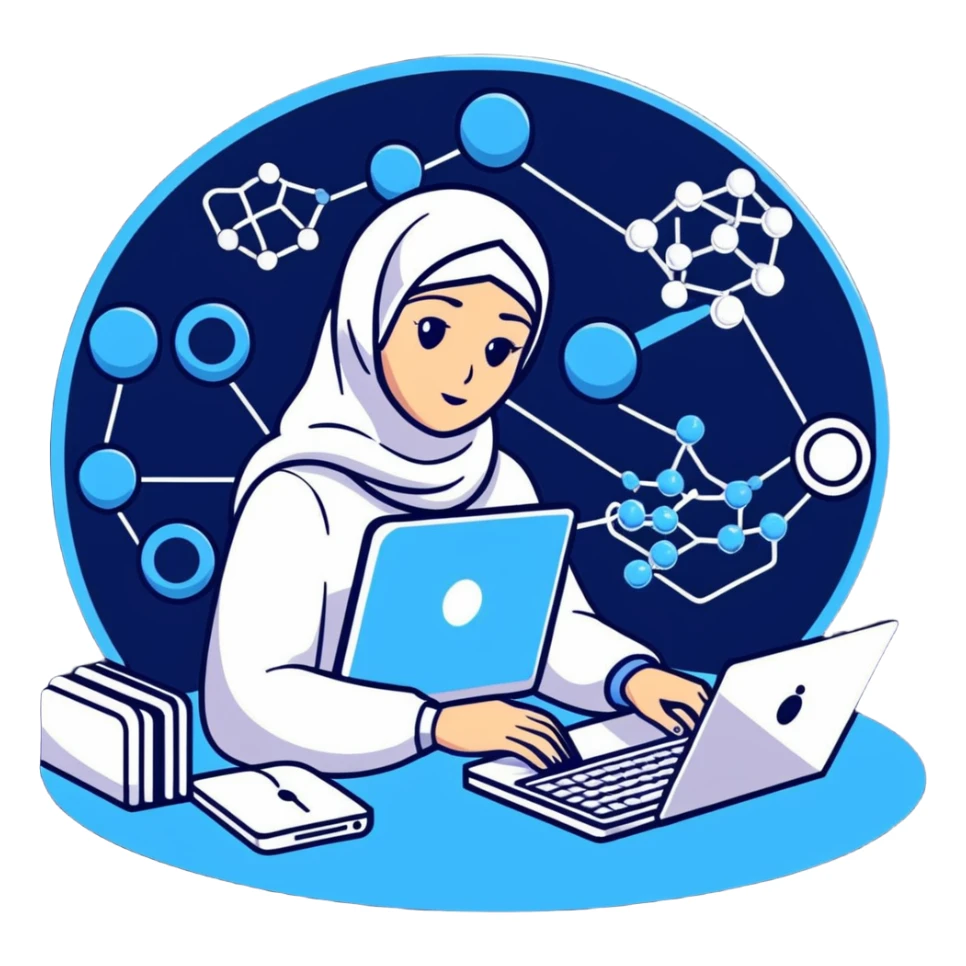 computer engineer with white hijab in blue clothes, surrounded by next-gen holographic displays showing 3D molecular structures, advanced algorithm visualizations, futuristic UI, quantum computing elements, digital brain patterns sticker