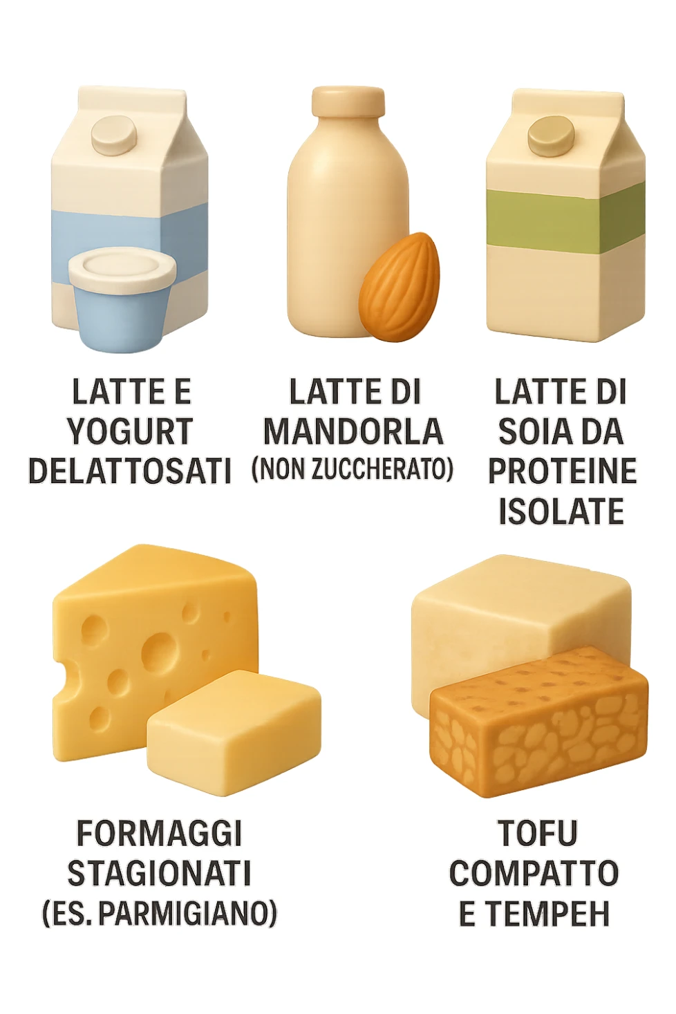 emoji stile iphone 3d di questi elementi che fluttuano in aria:

Latte e yogurt delattosati
Latte di mandorla (non zuccherato)
Latte di soia da proteine isolate
Formaggi stagionati (es. parmigiano)
Tofu compatto e tempeh
 che fluttuano in aria,  le etichette scrivile in italiano, iperealistico 4k sticker