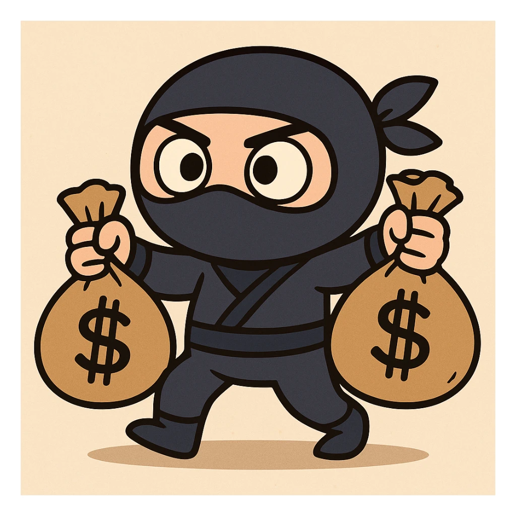 a cute ninja with two money bags, cartoon style sticker