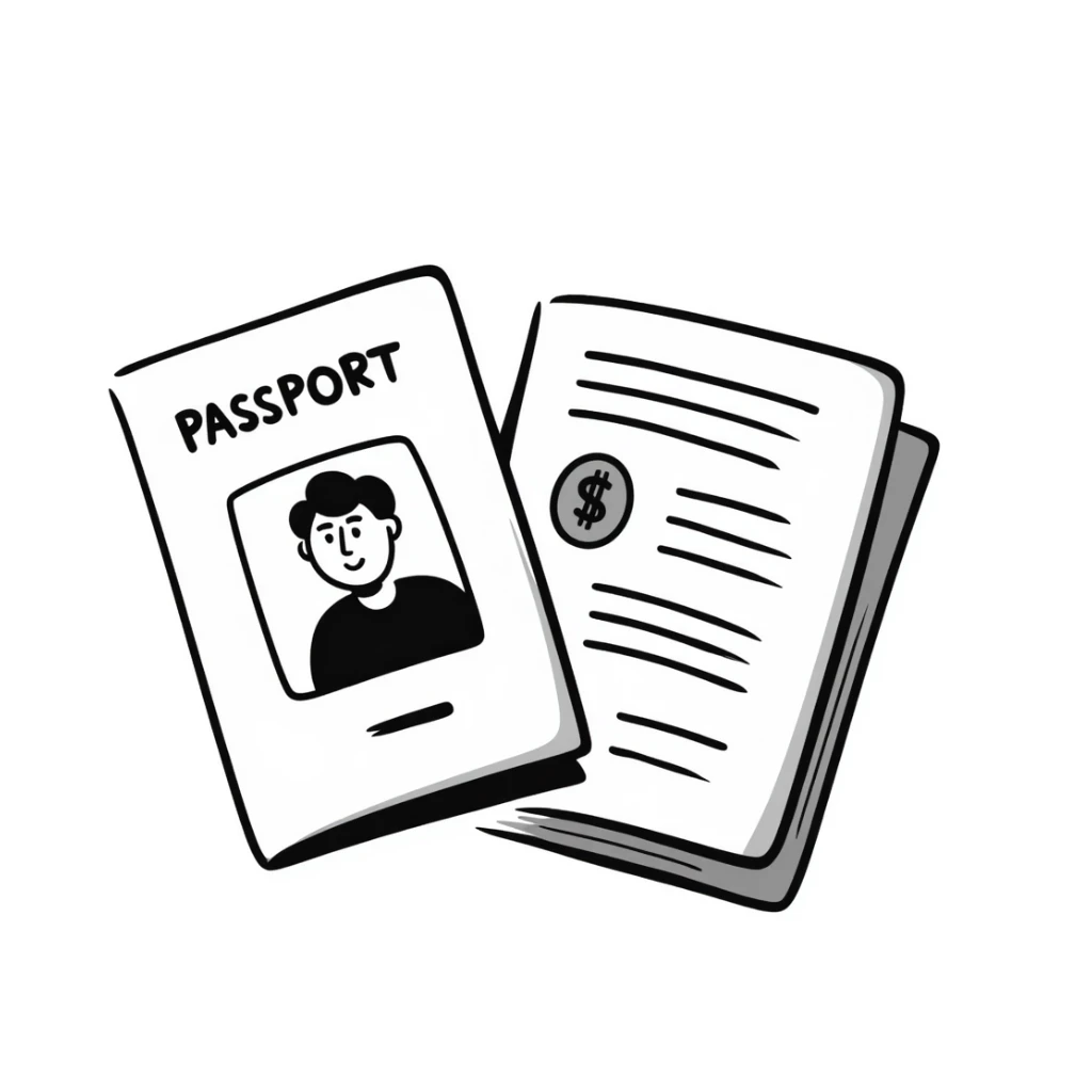 Hand-drawn travel visa application and passport sticker
