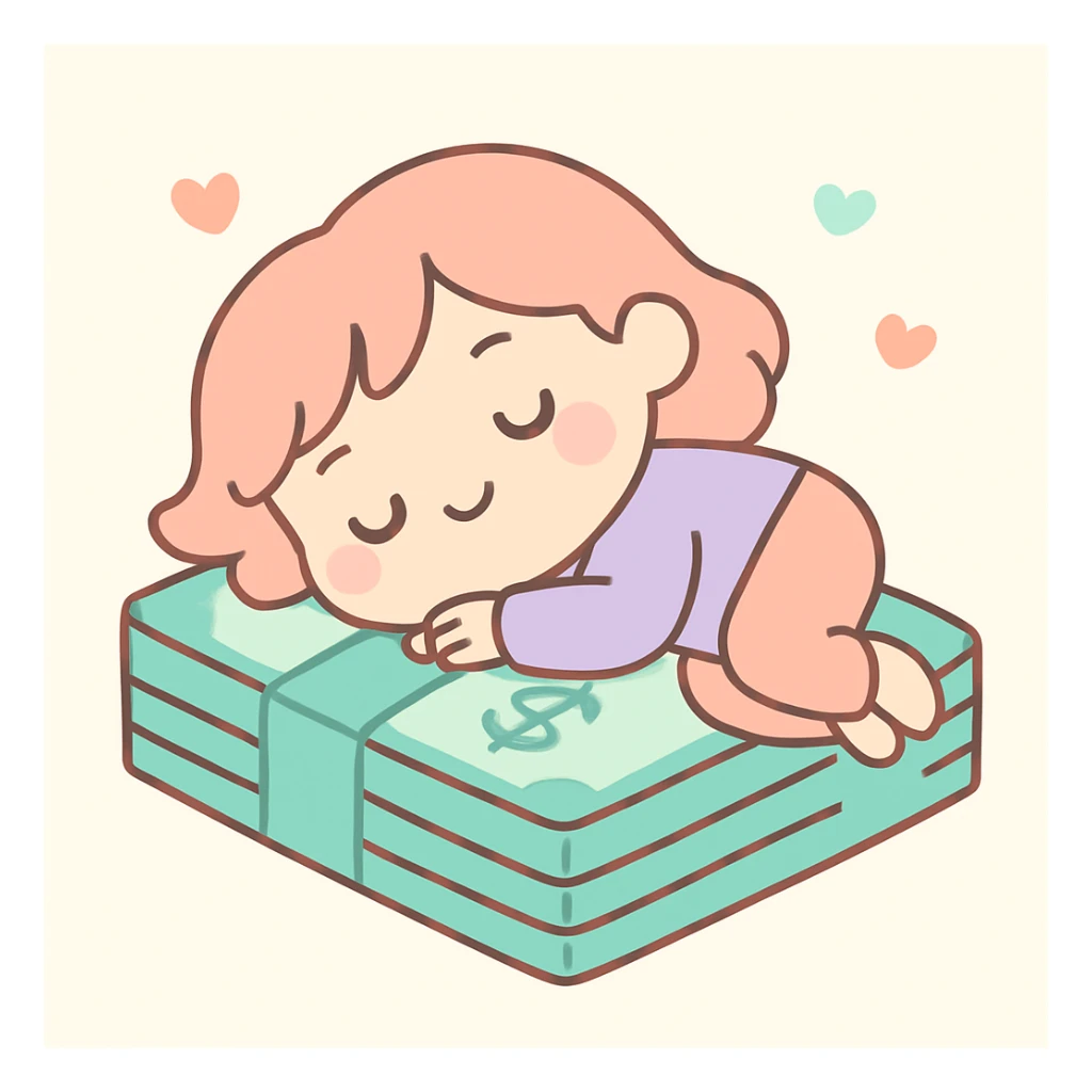 happy person napping on mattress of money sticker