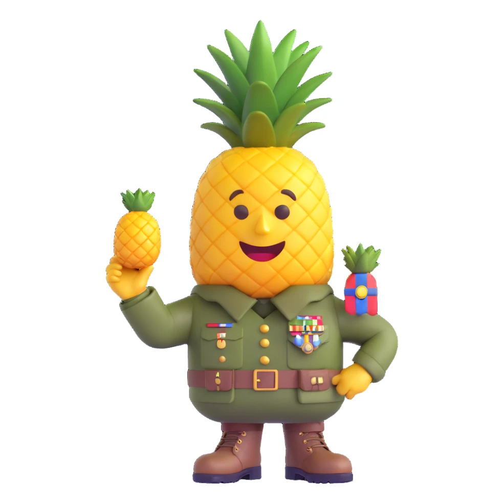 a pineapple saluting in a military uniform with medals and boots, 3D emoji style sticker