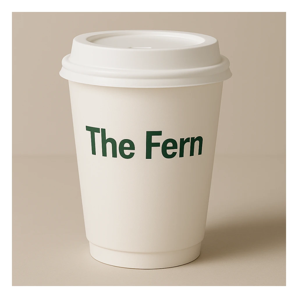Make the white coffee cup a to-go cup with a lid, keep 'The Fern' in a friendly, modern font, minimal and clean style. sticker