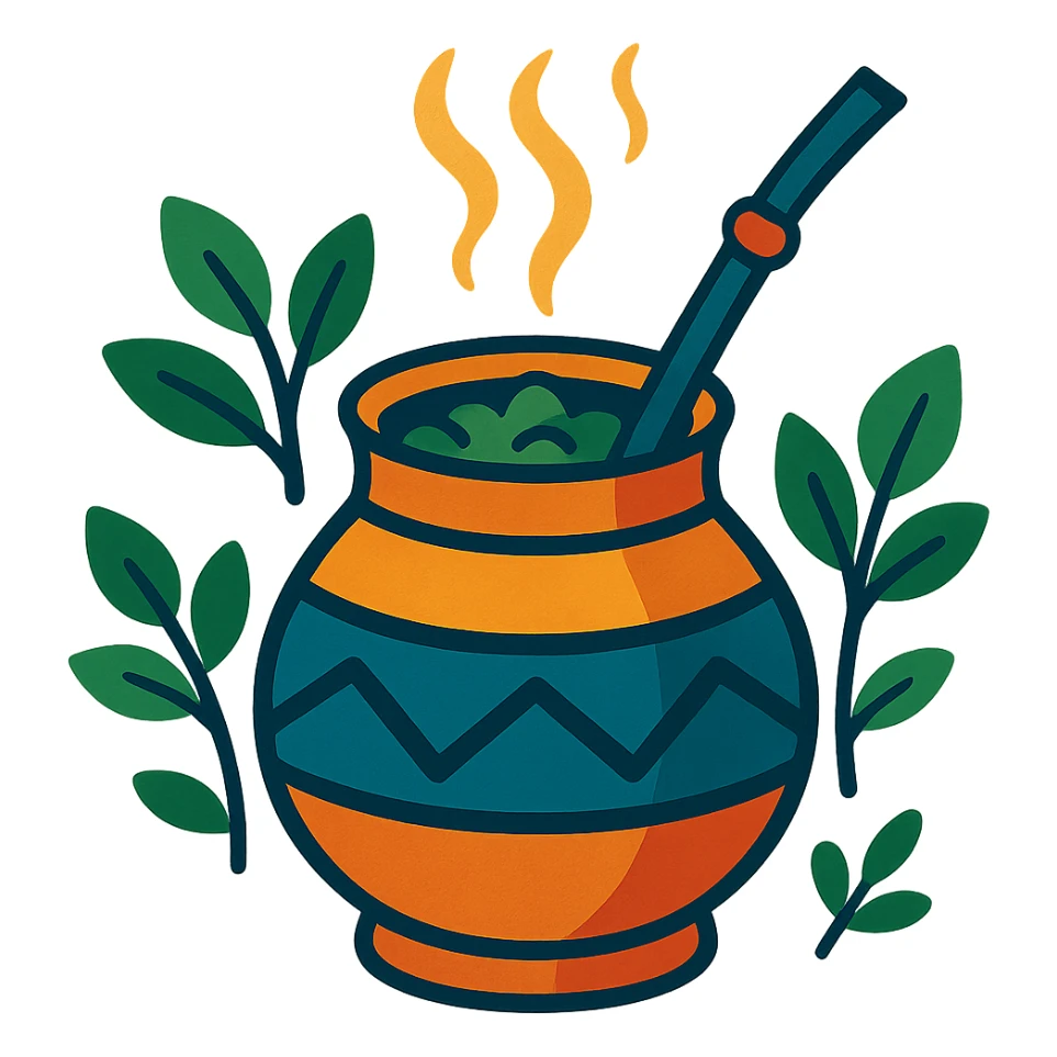 a steaming cup of yerba mate, leafy details, cozy and inviting sticker
