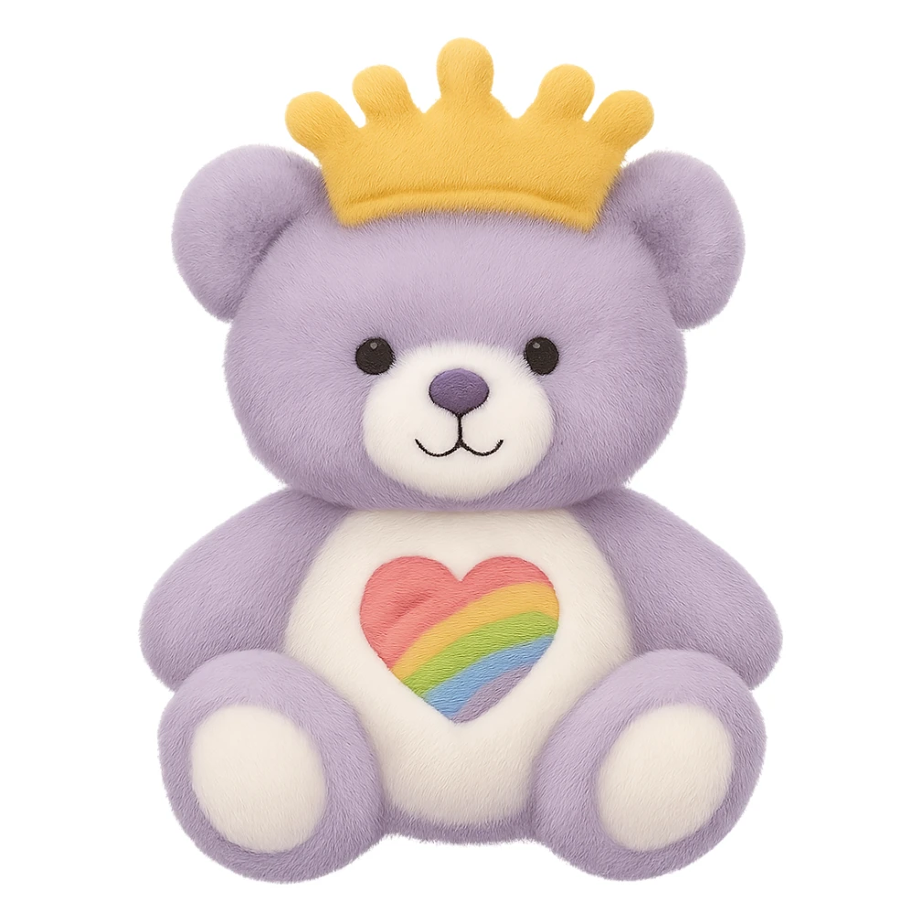Add a soft and plush crown to the purple and white teddy bear with a heart-shaped rainbow patch. Keep the lighting flat with no shadows and no background. Maintain the plush texture and softness of the teddy bear in a style that respects the original look. sticker