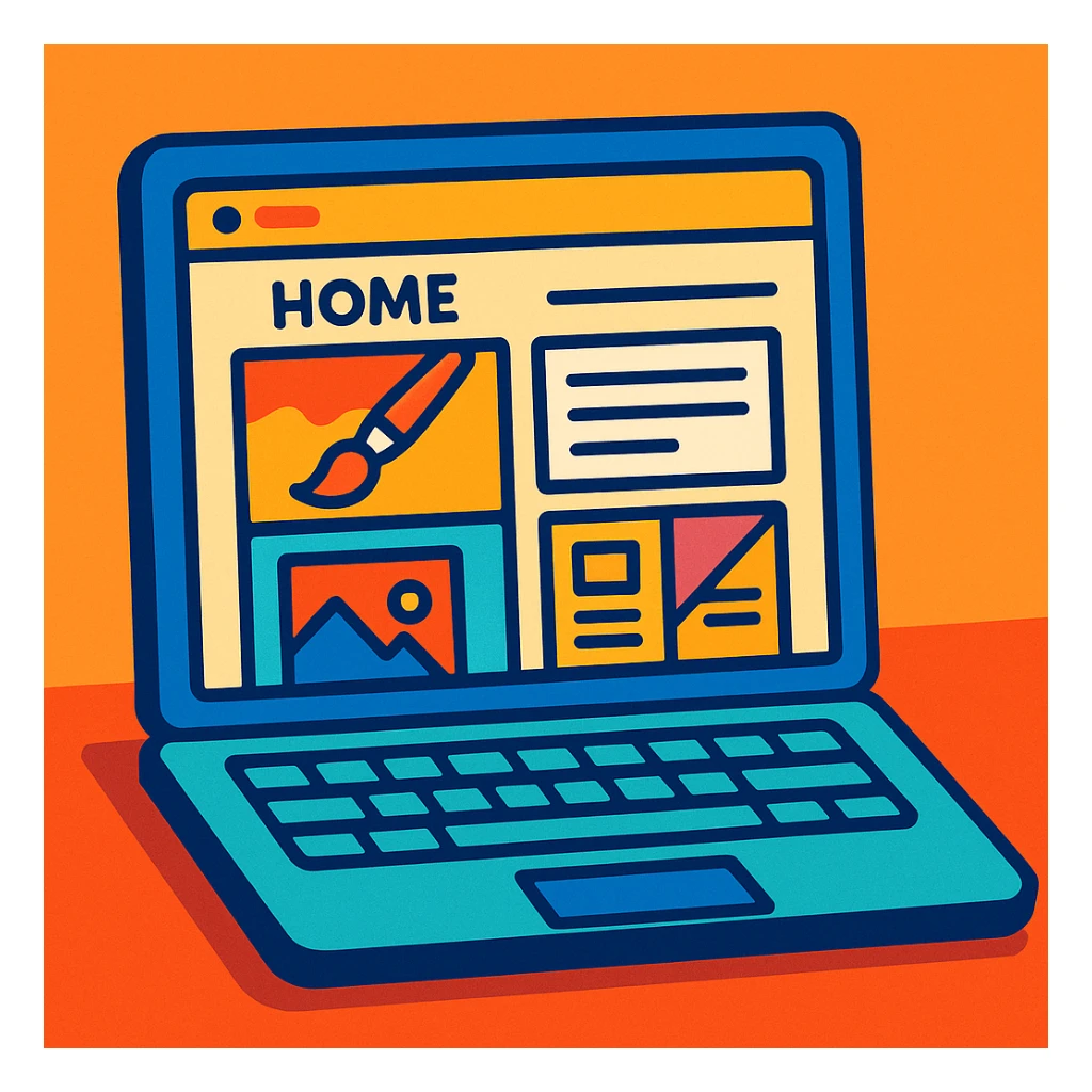 a laptop with a vibrant display showing a collage of creative work including art, writing, photos, and design elements, representing a personal website homepage, clean modern illustration style sticker