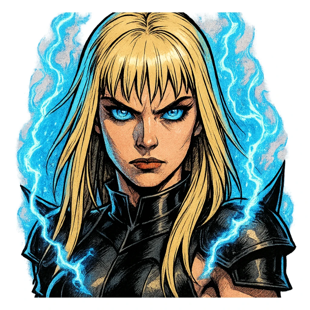 Magik from Marvel, close-up portrait, intense blue eyes, magical aura, comic book style, detailed sticker