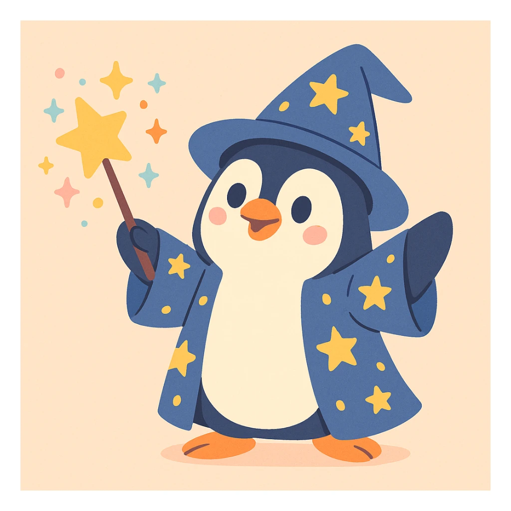 cute penguin wizard casting a spell, sparkles, starry robe, soft pastel cartoon style sticker
