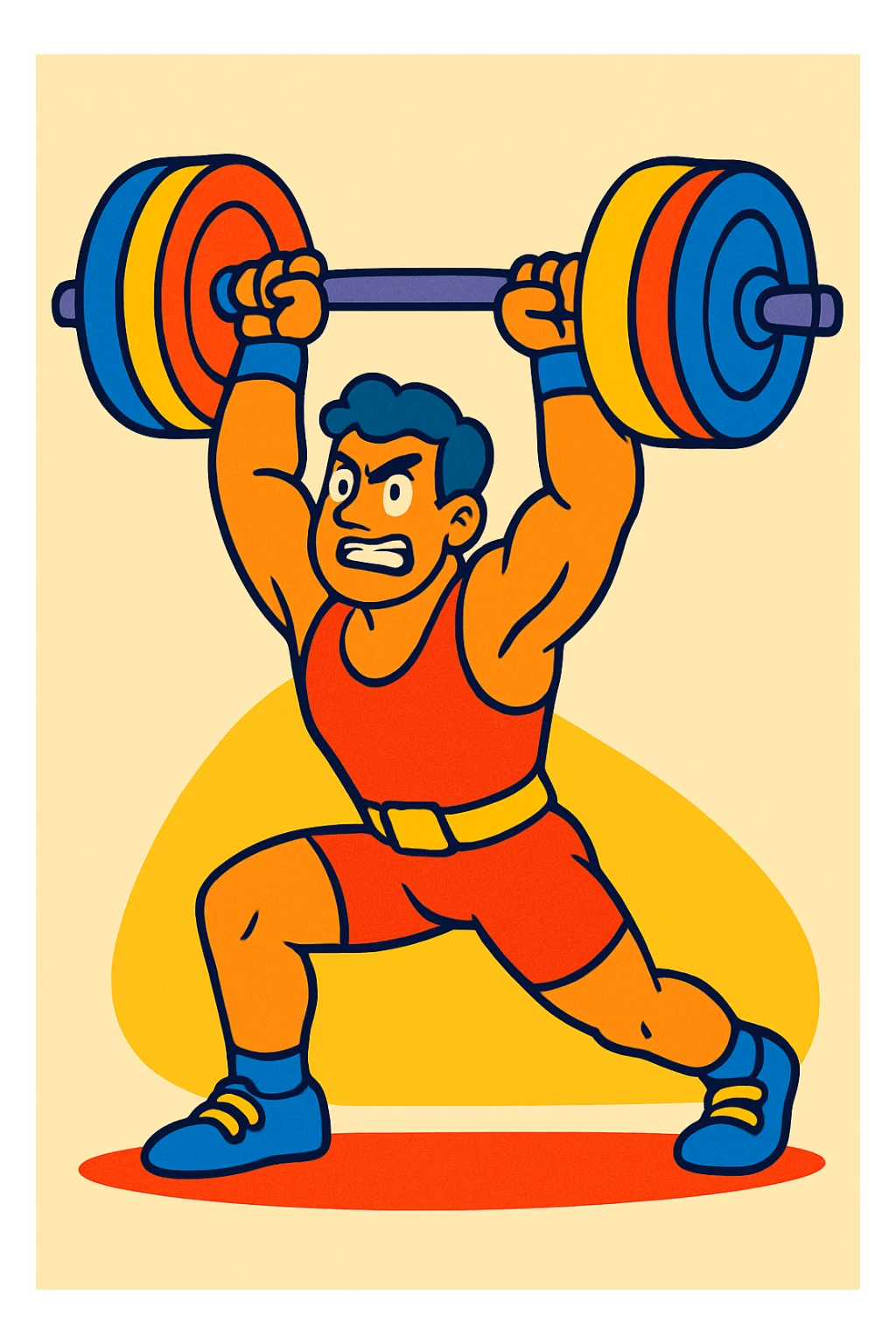 levantamiento de pesas olímpico, atleta levantando barra con discos, estilo ilustración vibrante, fondo simple sticker
