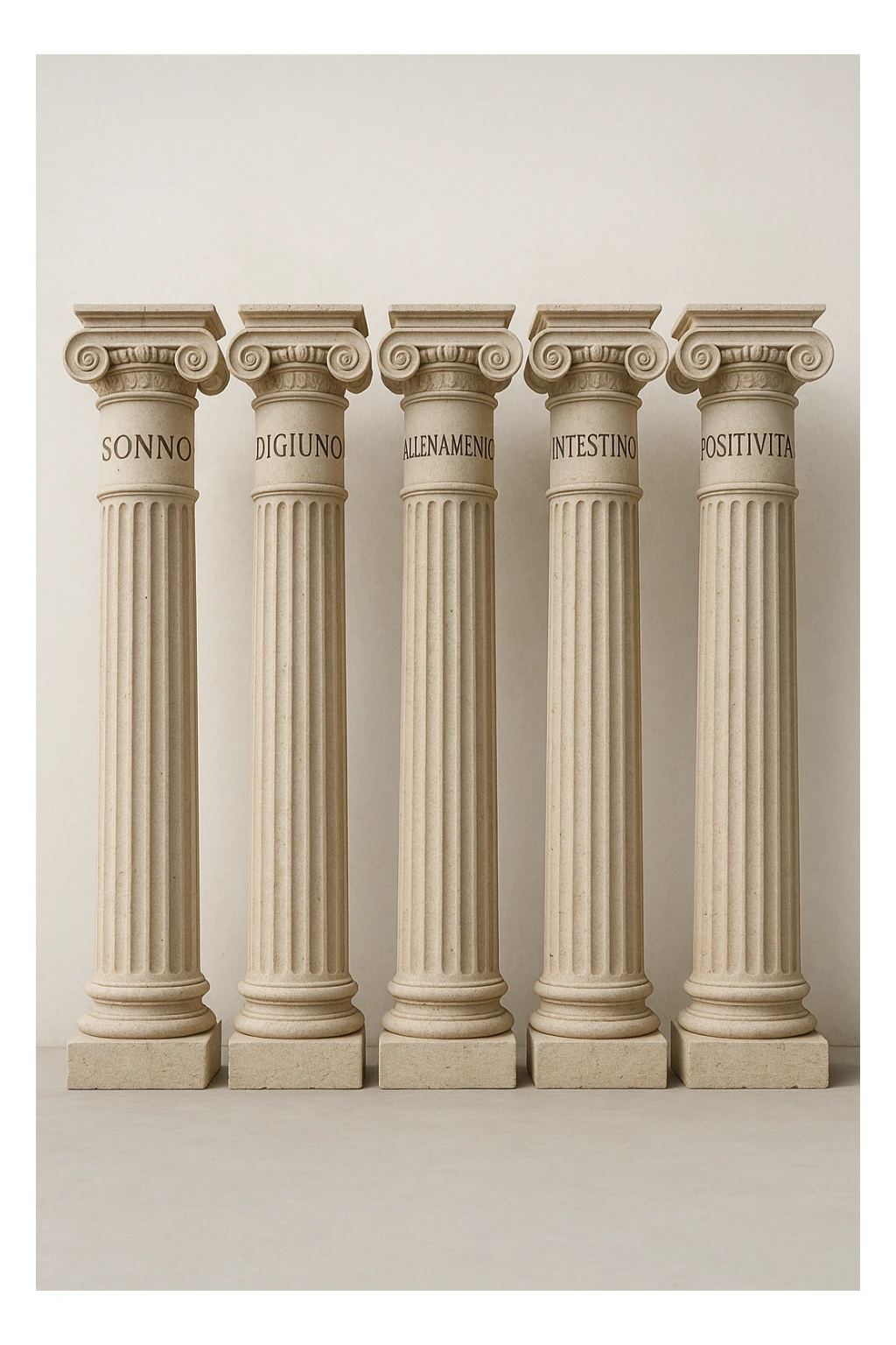 5 pilastri con le scritte "SONNO", "DIGIUNO", "ALLENAMENTO", "INTESTINO", "POSITIVITà" IMMAGINE IPERREALISTICA SFONDO CHIARO IN ITALIANO sticker