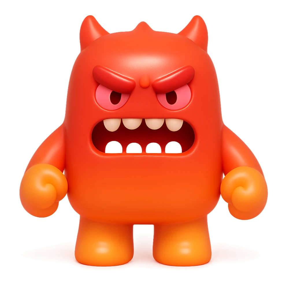 angry monster with furrowed brow, bared teeth, clenched fists, bright red and orange colors, toy-like sticker