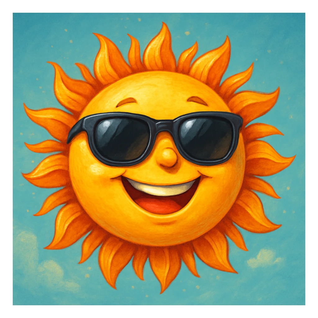 A happy sun with sunglasses, bright and cheerful, in general style, detailed and vibrant. sticker