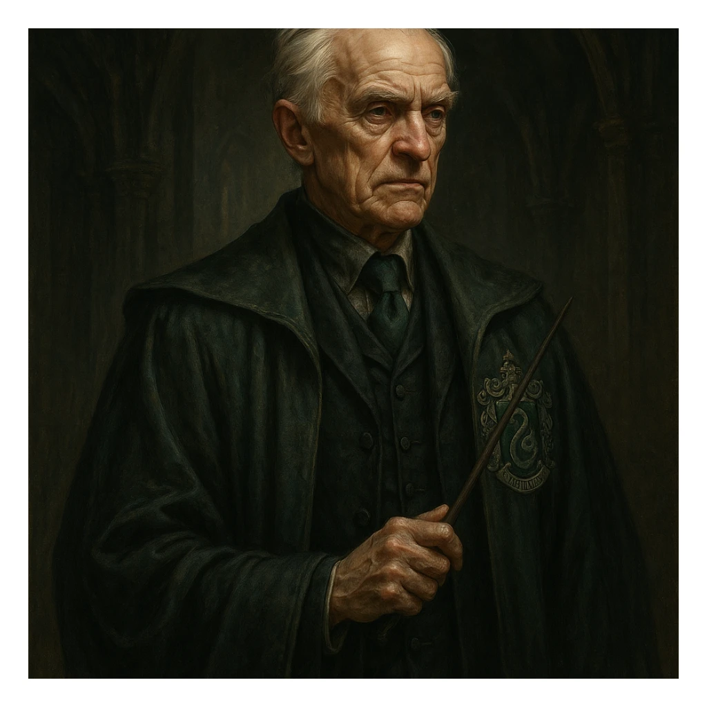 an old version of Draco Malfoy, Slytherin wizard, silver hair, sharp features, elegant robes, looking aged, fantasy style sticker