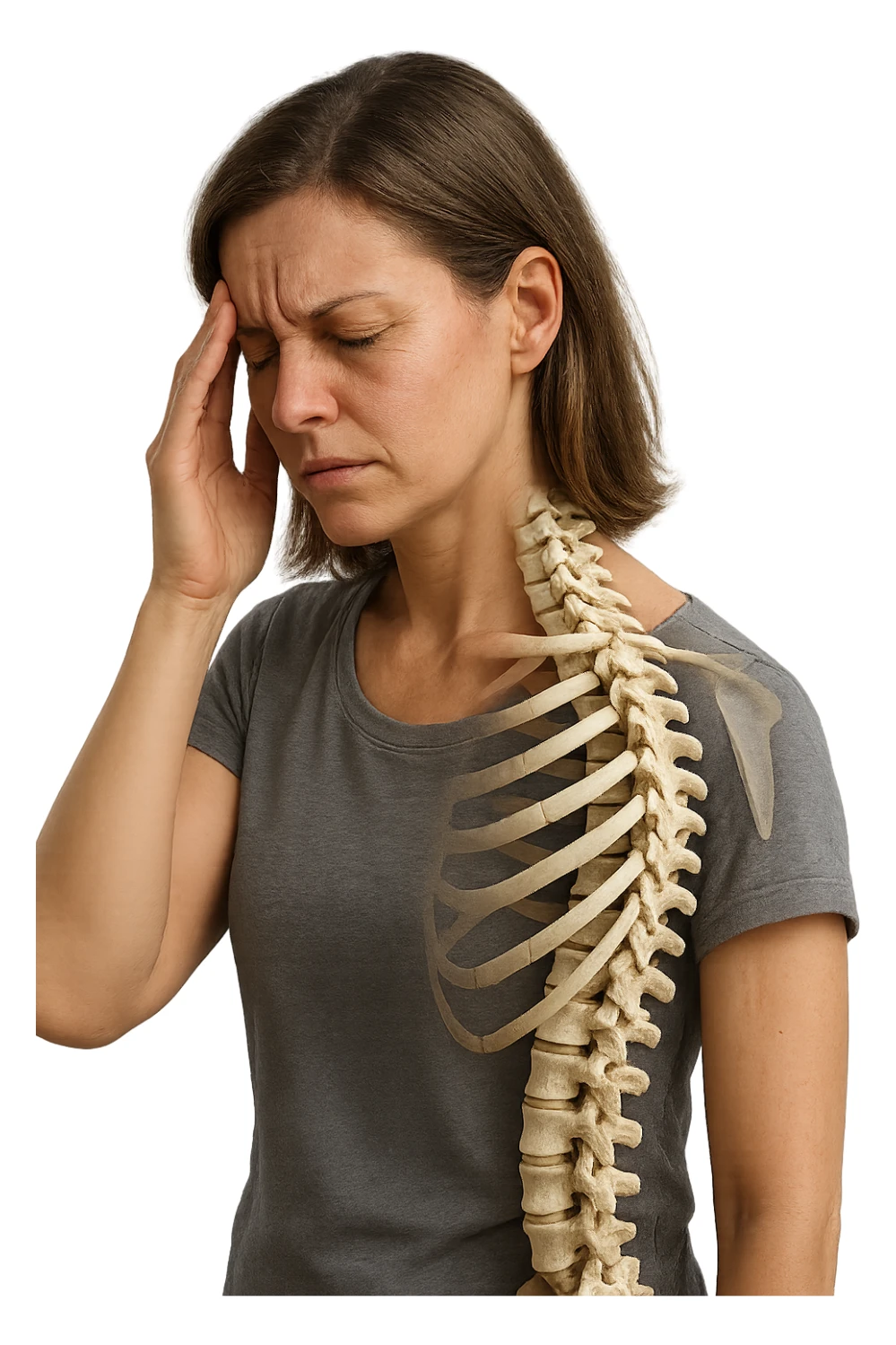 donna stanca che si tiene una mano sulla tempia con spina dorsale anatomica visibile, iperrealistico 4k sticker