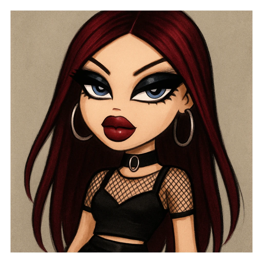 A pretty Bratz-style baddie with an emo alternative vibe: long dark red hair, pale skin, blue eyes, strong black eyeliner, confident expression. sticker